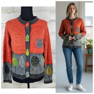 VTG In Stitches Wool Blend Cardigan Sweater Sz Medium Orange Embroidered Whimsy